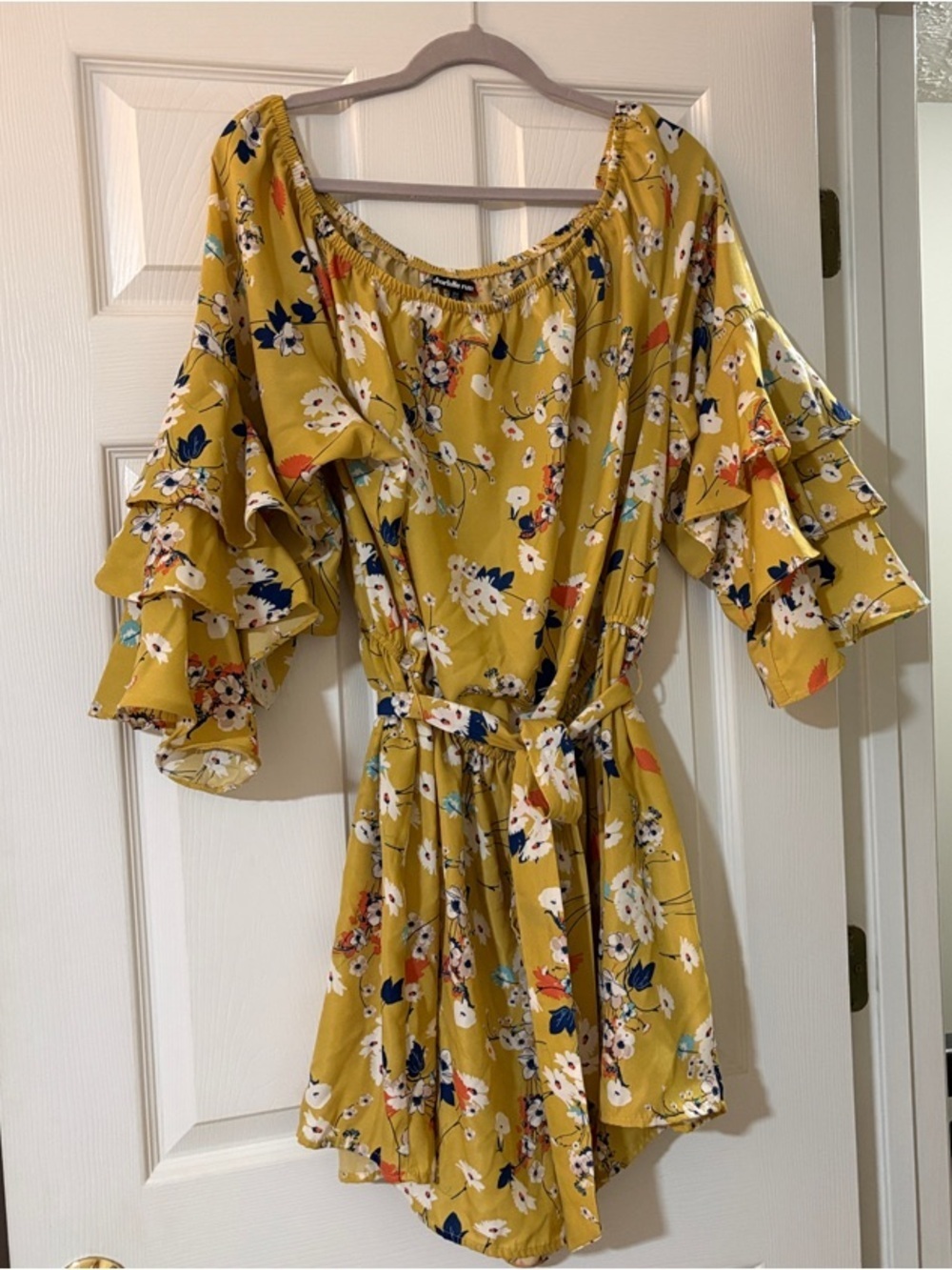 Charlotte Russe Mustard Yellow Floral Mini romper with Ruffle Sleeves